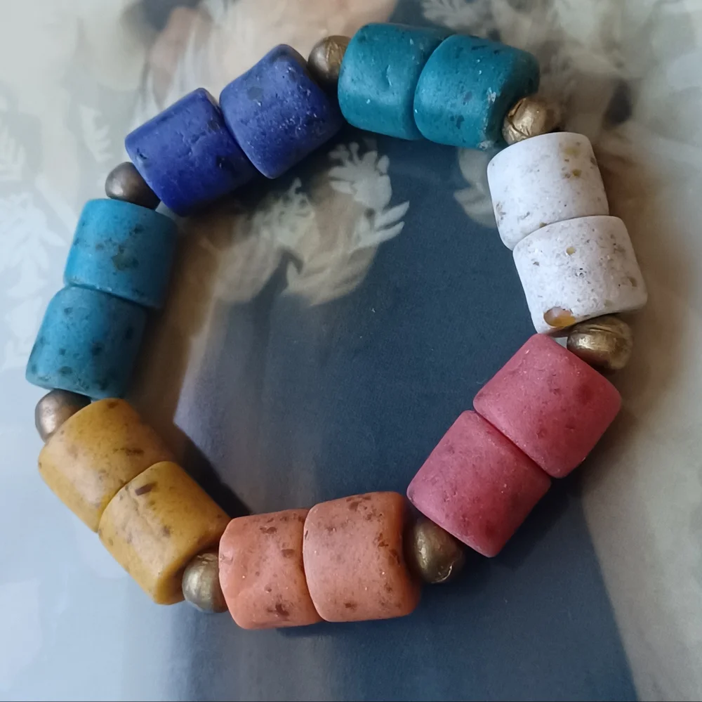 African Kobo Recycled Glass Beaded Bracelet 🩵🧡💙🤍💫 - Picture 3 of 7